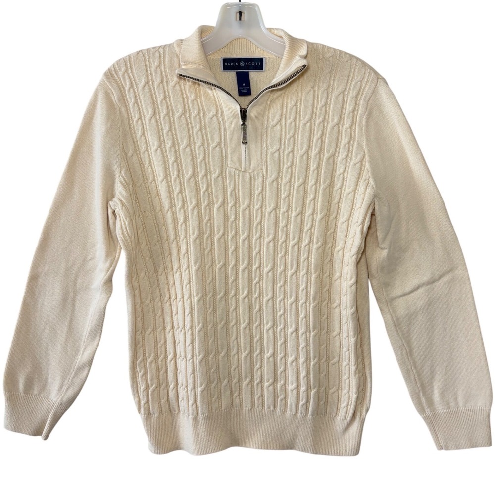 Karen Scott Cream Cable Knit Quarter Zip Sweater Size M Preppy Old Money Coastal
